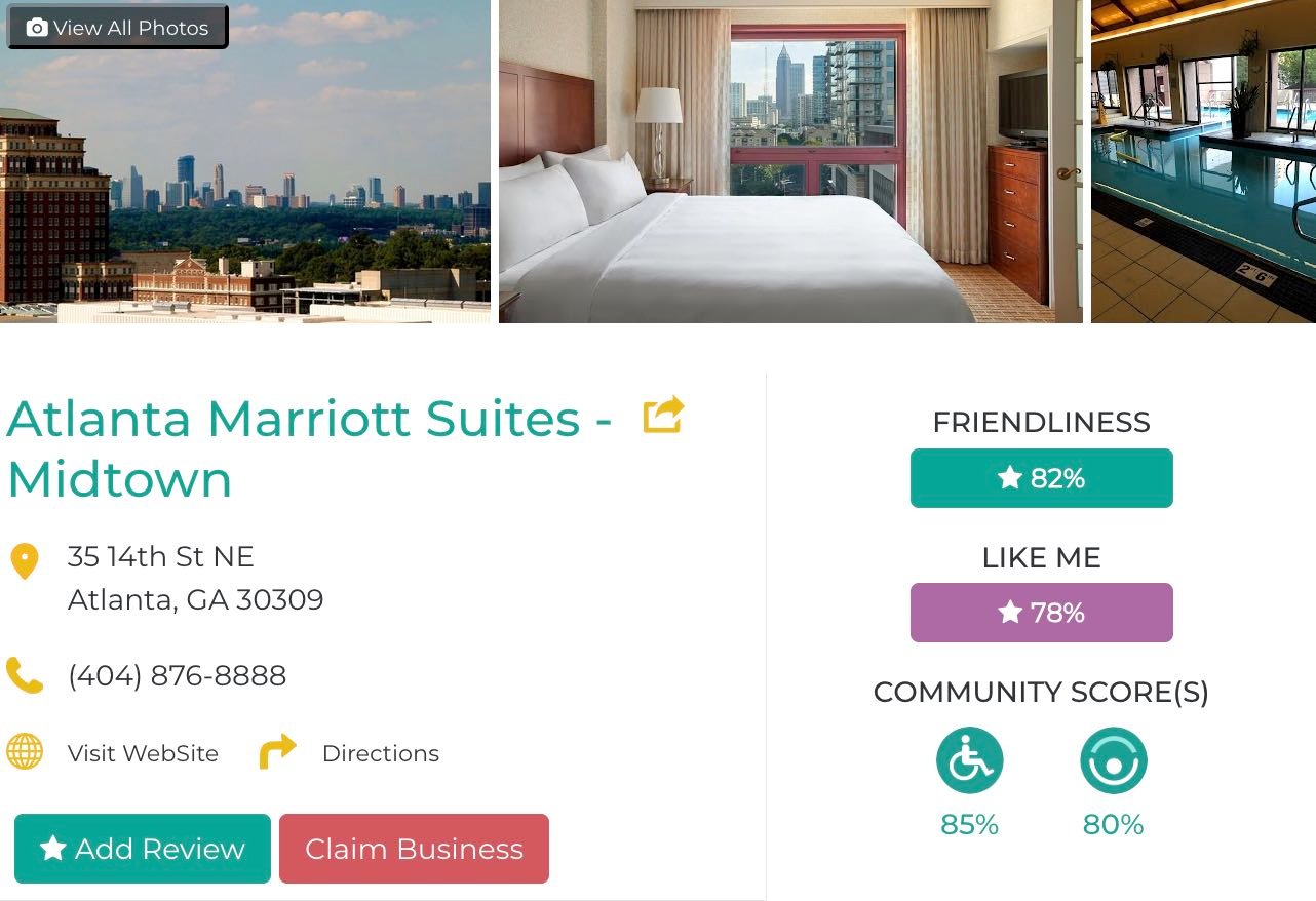 Friendly Like Me app review of Atlanta Marriott Suites - Midtown, including Friendliness scores as well as photos and contact info