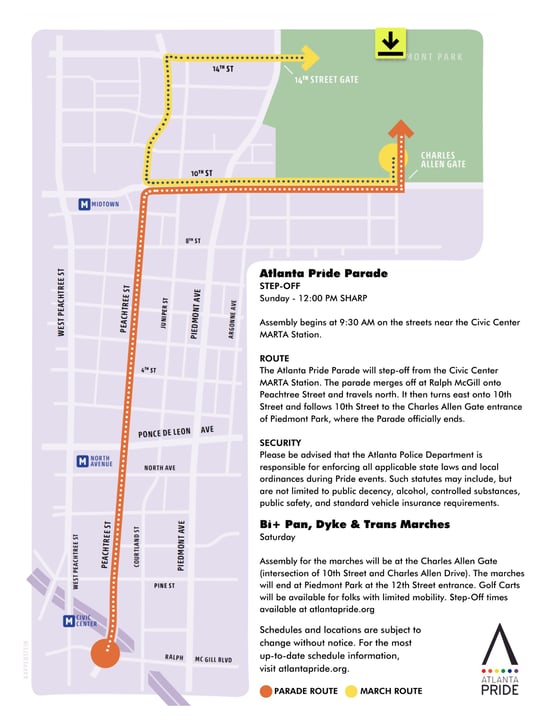 Map showing 2023 Atlanta Pride Parade route. The parade, steps off Sunday, October 15th at 12 noon from the Atlanta Civic Center MARTA Station and continues down Peachtree Street. The parade will turn right onto 10th Street and end near the Charles Allen Gates to Piedmont Park.
