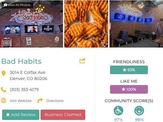 Friendly Like Me review of Bad Habits, including Friendliness scores and contact info