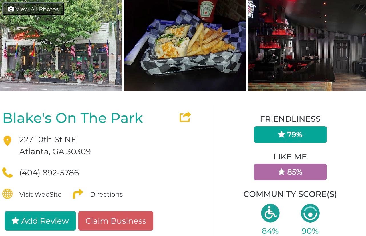 Friendly Like Me app review of Blake's On The Park, including Friendliness scores as well as photos and contact info