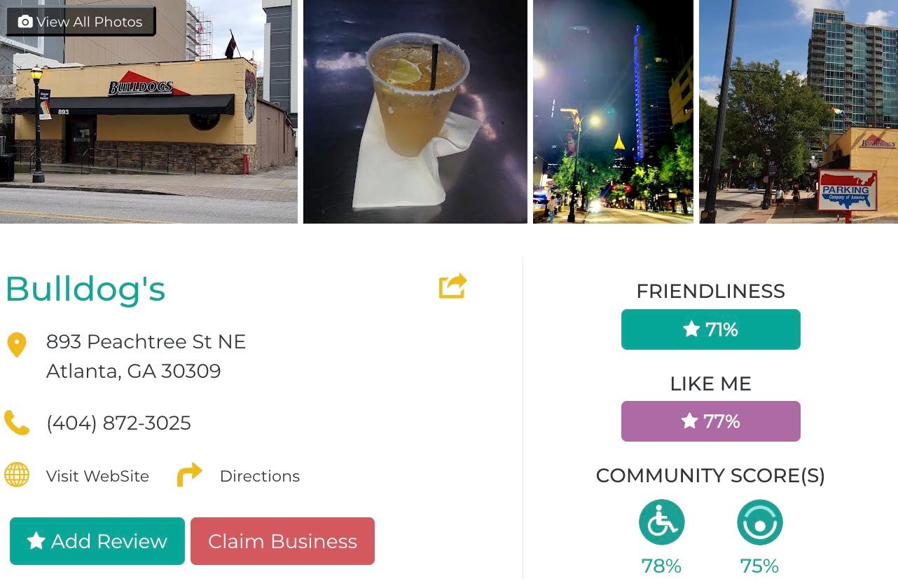 Friendly Like Me app review of Bulldog's, including Friendliness scores as well as photos and contact info