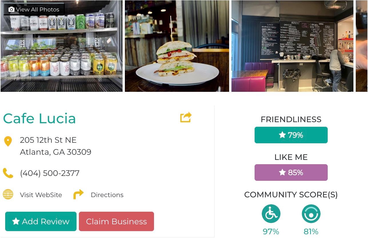 Friendly Like Me app review of Cafe Lucia, including Friendliness scores as well as photos and contact info