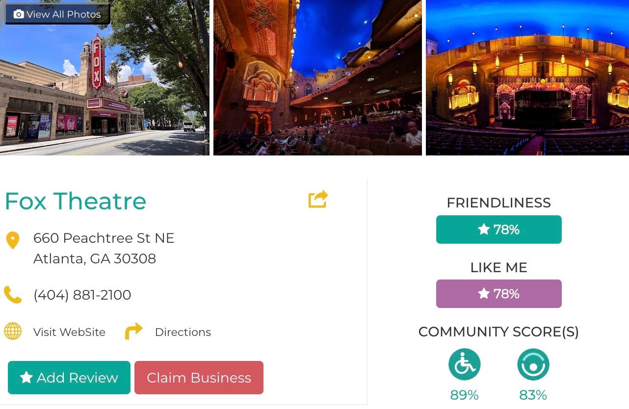 Friendly Like Me app review of the Fox Theatre, including Friendliness scores as well as photos and contact info