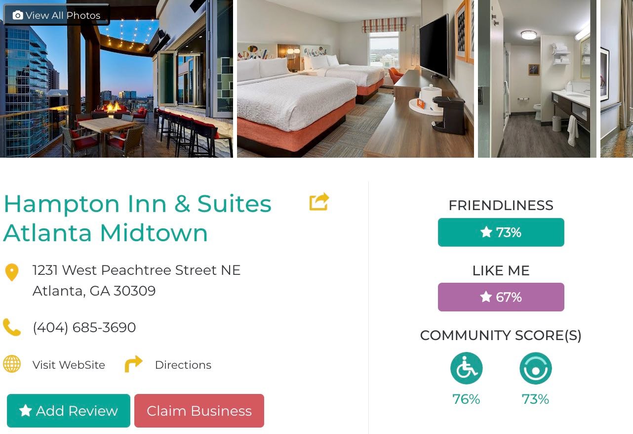 Friendly Like Me app review of Hampton Inn & Suites Atlanta Midtown, including Friendliness scores as well as photos and contact info