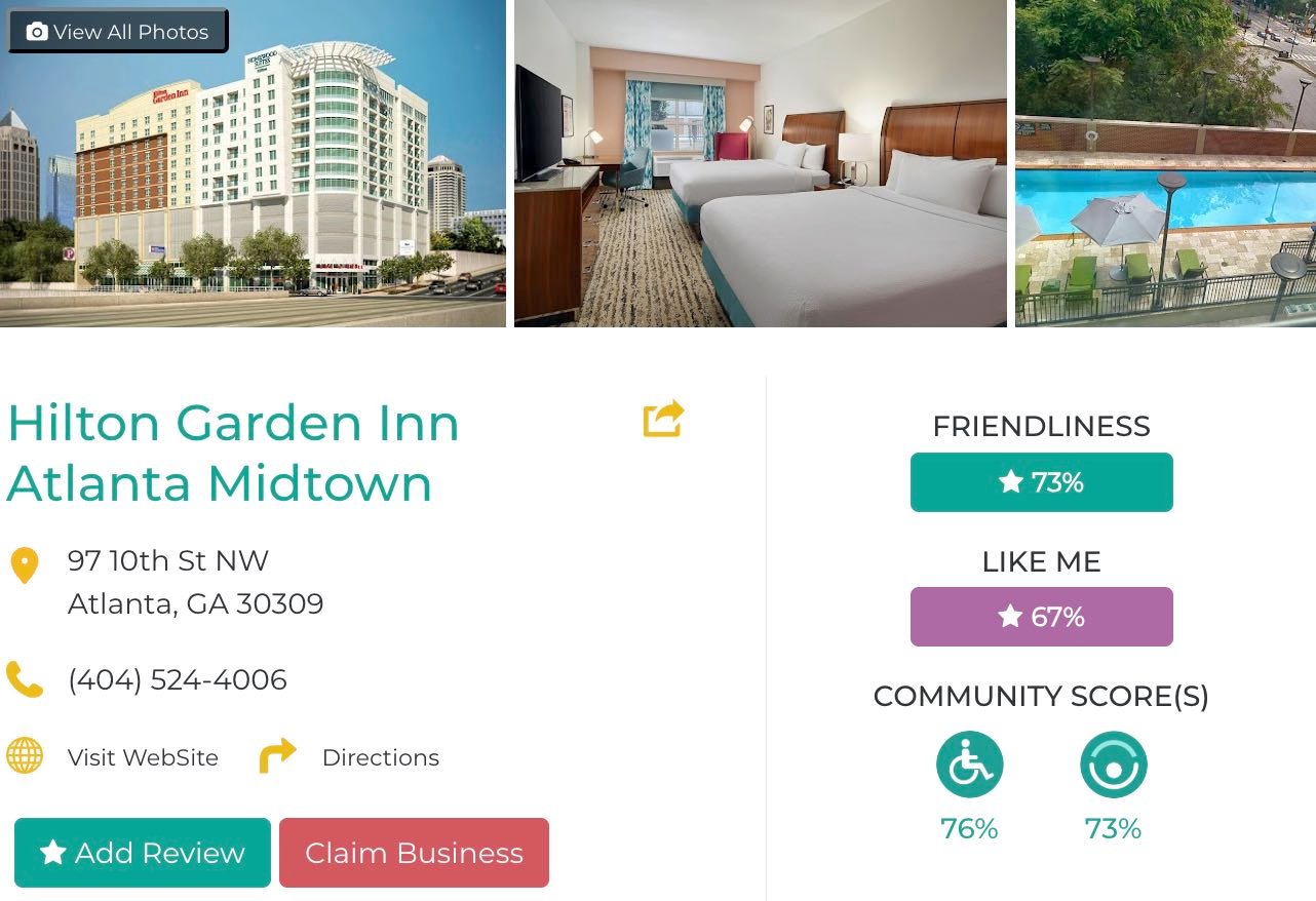 Friendly Like Me app review of Hilton Garden Inn Atlanta Midtown, including Friendliness scores as well as photos and contact info