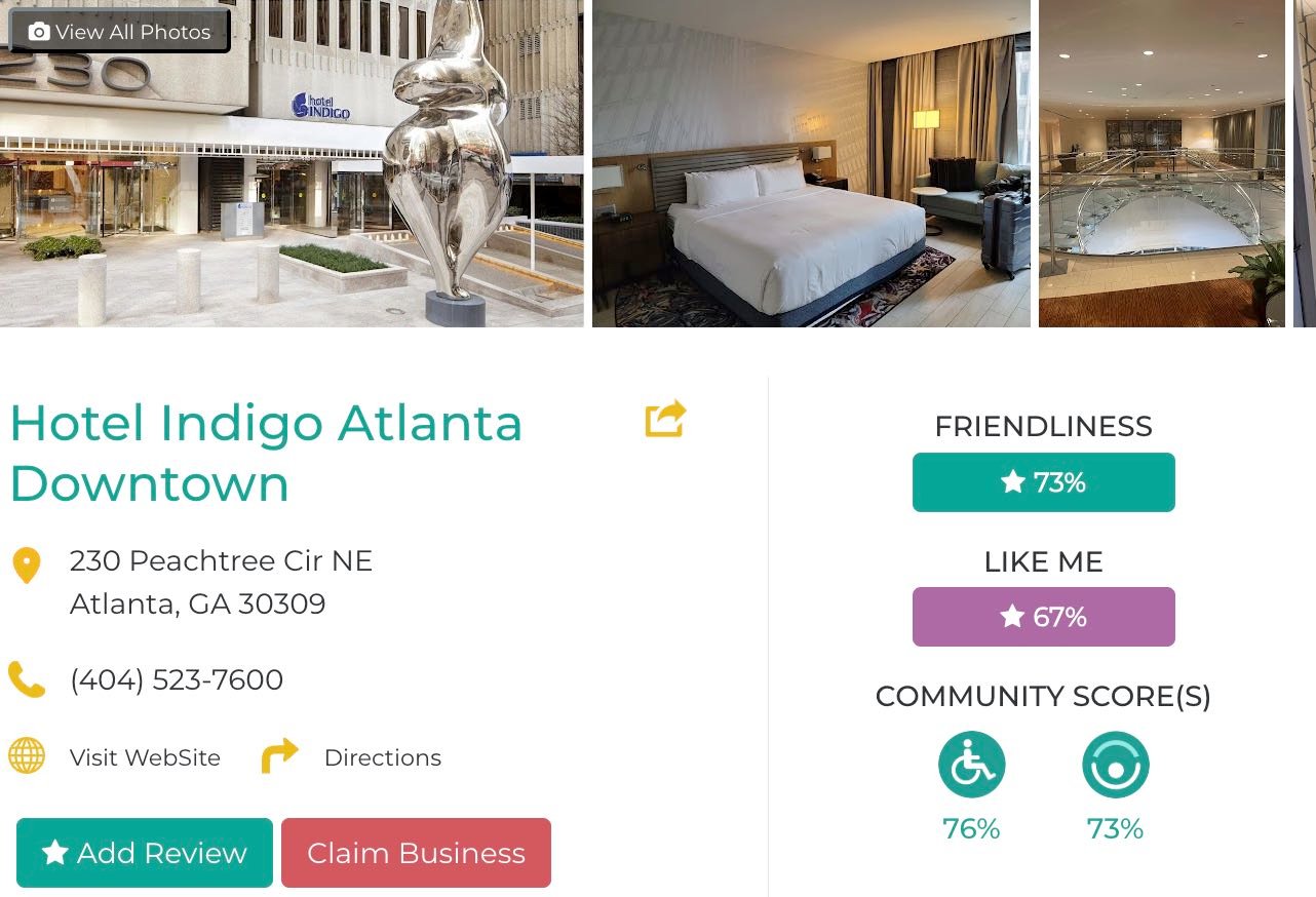 Friendly Like Me app review of Hotel Indigo Atlanta Downtown, including Friendliness scores as well as photos and contact info