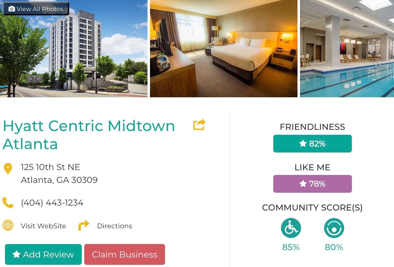 Friendly Like Me app review of Hyatt Centric Midtown Atlanta, including Friendliness scores as well as photos and contact info