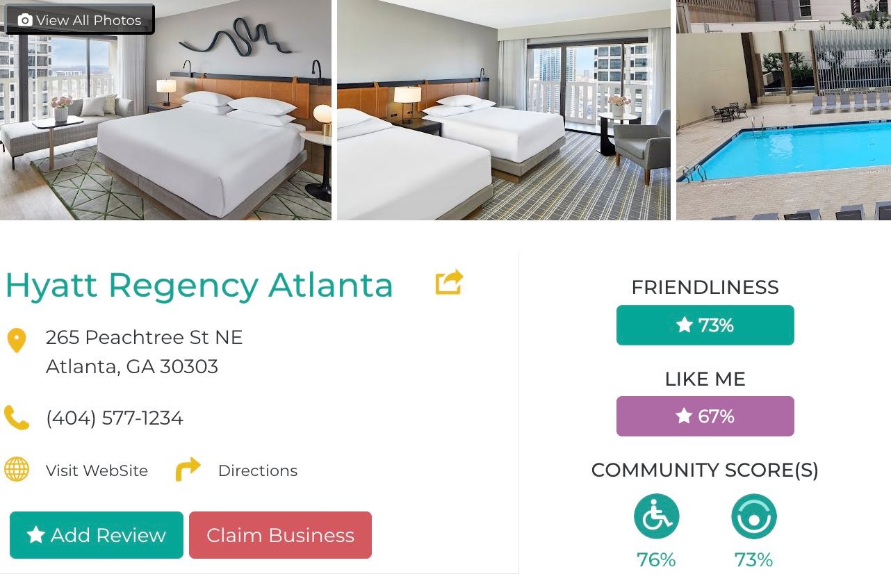 Friendly Like Me app review of Hyatt Regency Atlanta, including Friendliness scores as well as photos and contact info