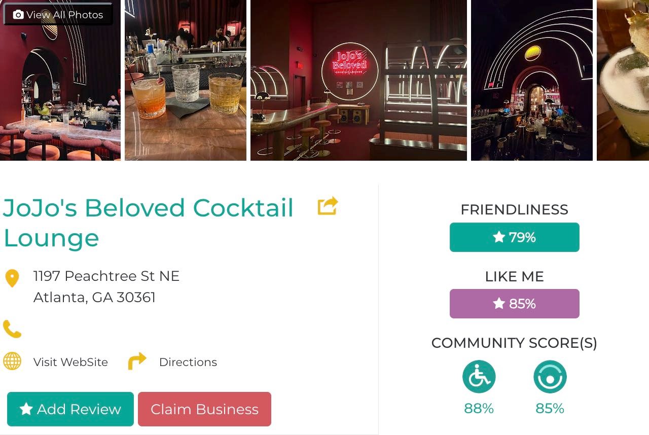Friendly Like Me app review of JoJo's Beloved Cocktail Lounge, including Friendliness scores as well as photos and contact info