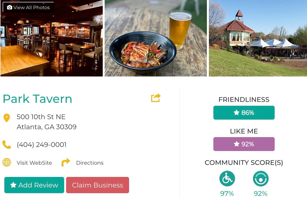 Friendly Like Me app review of Park Tavern, including Friendliness scores as well as photos and contact info