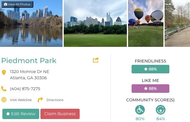 Friendly Like Me app review of Piedmont Park, including Friendliness scores as well as photos and contact info