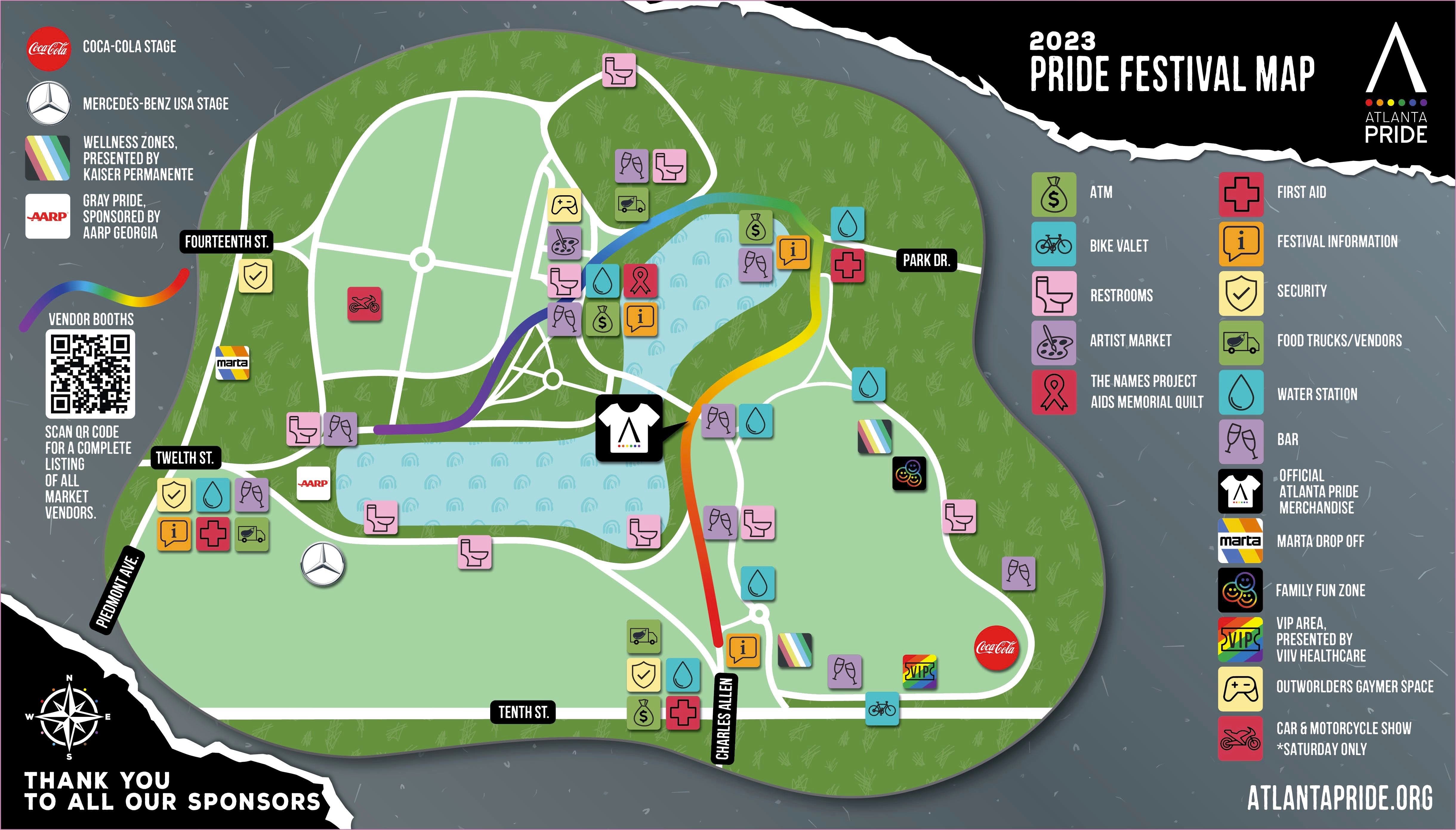 Map of 2023 Atlanta Pride Festival in Piedmont Park showing symbols and locations of ATMs, bike valet, Artist Market, The Names Project AIDS Memorial Quilt, festival information, Security, Food Trucks/Vendors, Bar, Official Atlanta Pride Merchandise, MARTA drop off, Family fun zone, VIP area, Outworlders Gaymer Space, Car & Motorcycle show, restrooms, first aid centers, and water stations.
