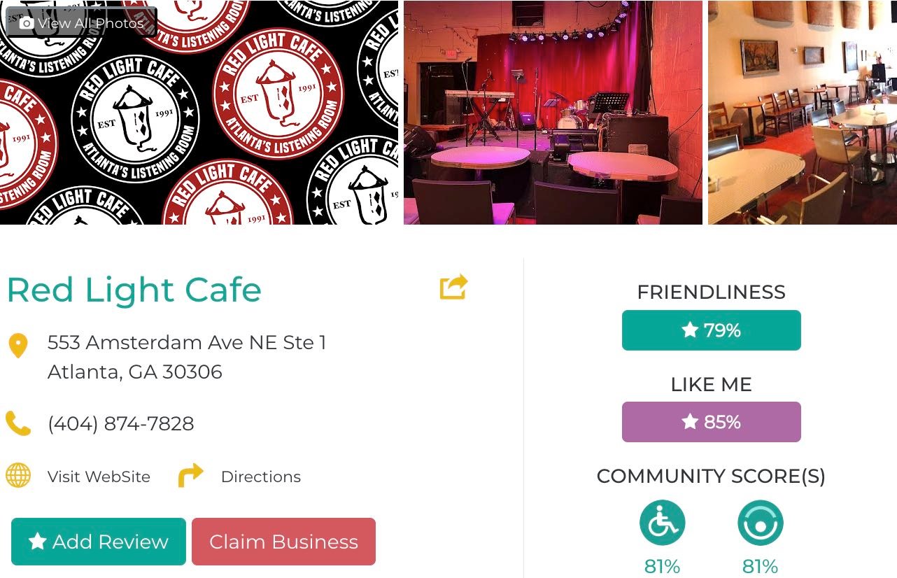 Friendly Like Me app review of the Red Light Cafe, including Friendliness scores as well as photos and contact info