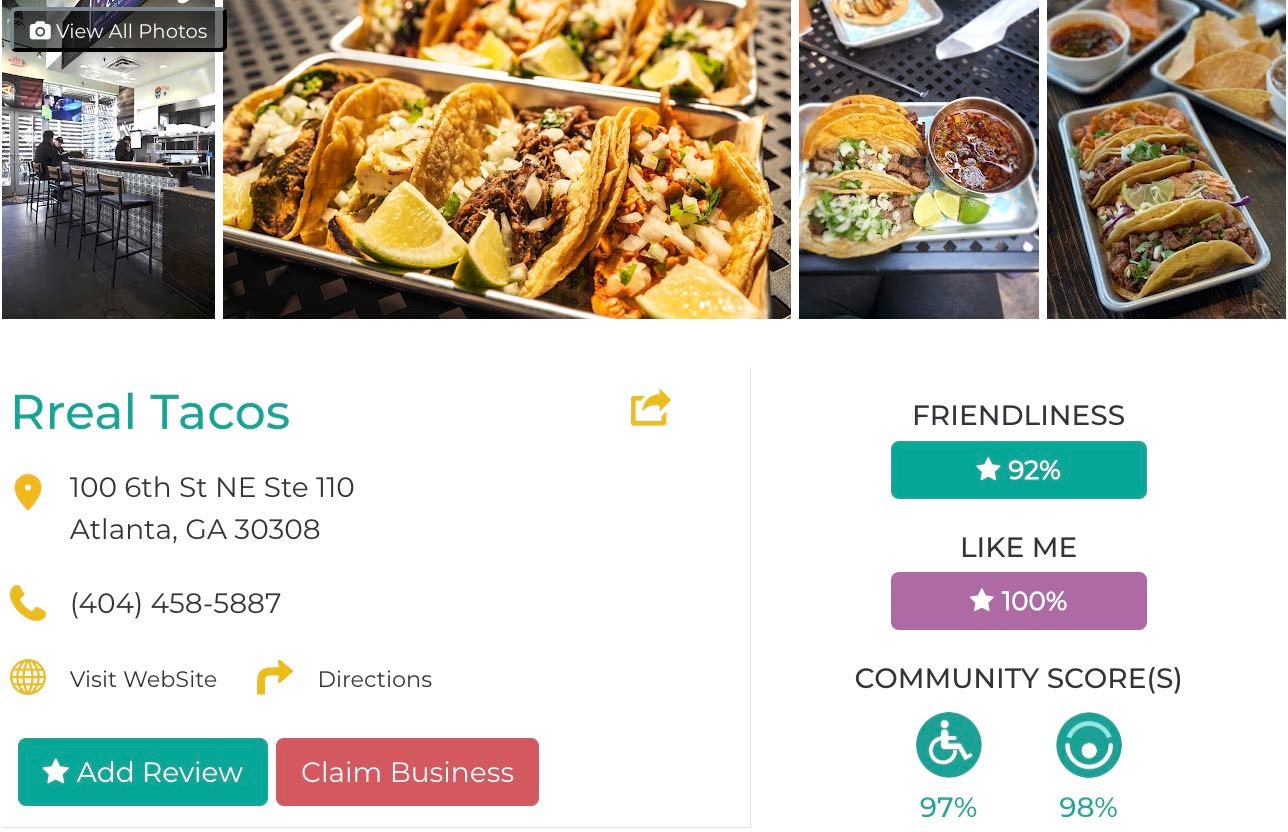 Friendly Like Me app review of Rreal Tacos, including Friendliness scores as well as photos and contact info