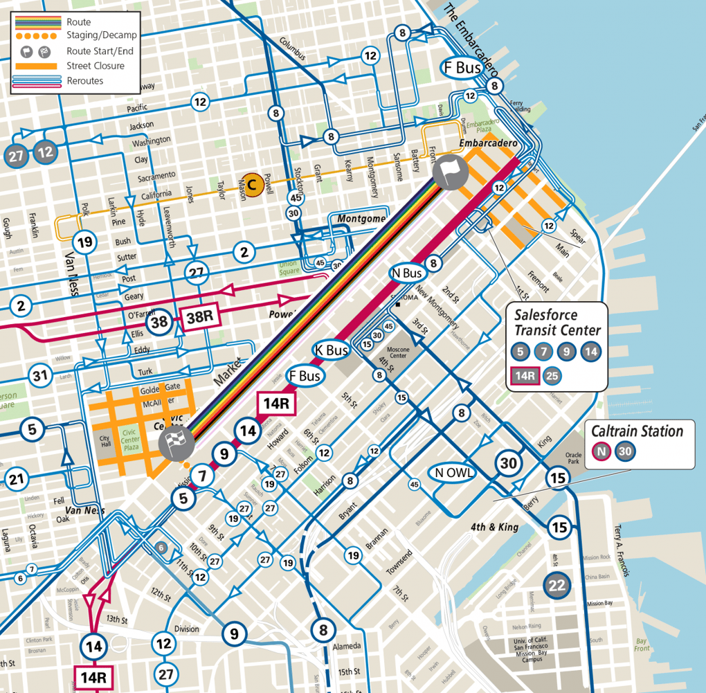 A visual map of the street closures and routes for buses around SF Pride 2024.