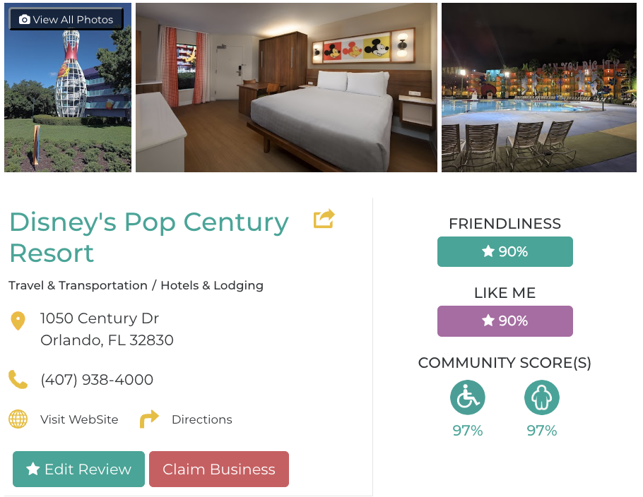 Disney's Pop Century Resort Orlando Restaurant San Francisco Accessibility Review Friendly Like Me App Scores Wheelchair Plus-Size Rating
