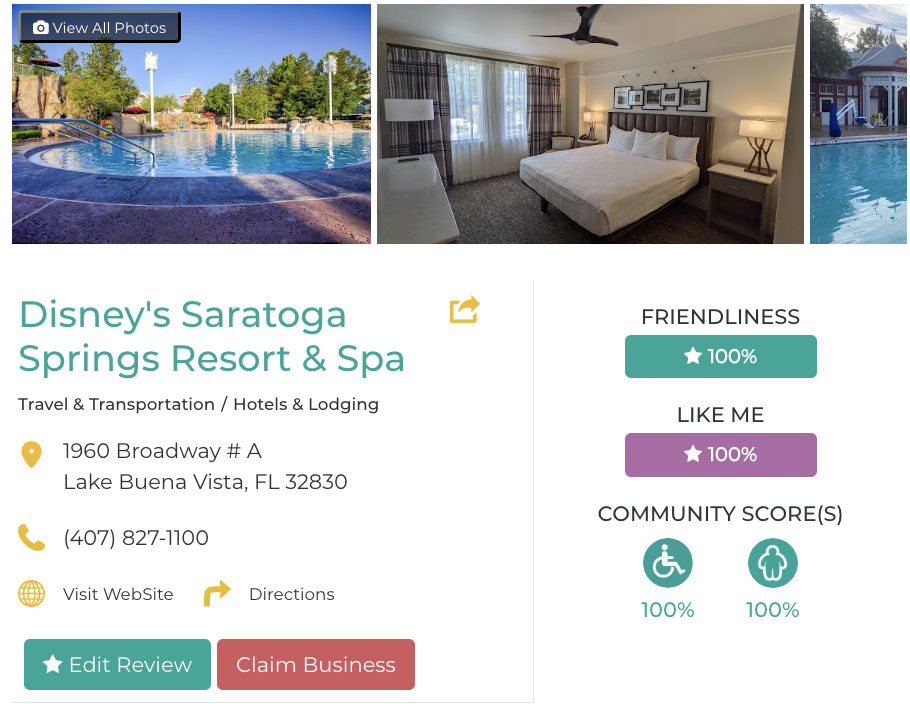 Disney's Saratoga Springs Resort & Spa Orlando Restaurant San Francisco Accessibility Review Friendly Like Me App Scores Wheelchair Plus-Size Rating