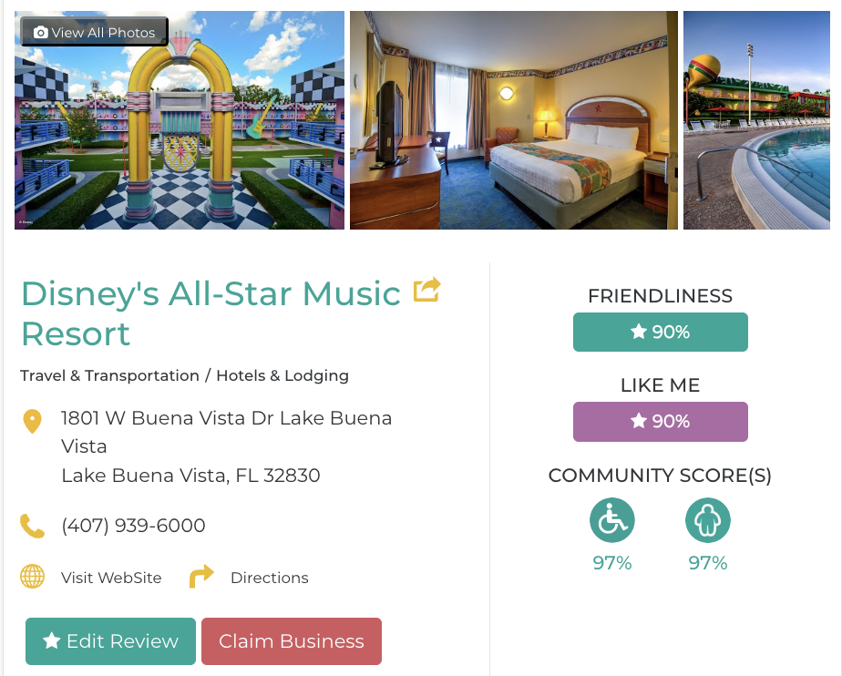Disney’s All-Star Music Resort Hotel Restaurant San Francisco Accessibility Review Friendly Like Me App Scores Wheelchair Plus-Size Rating