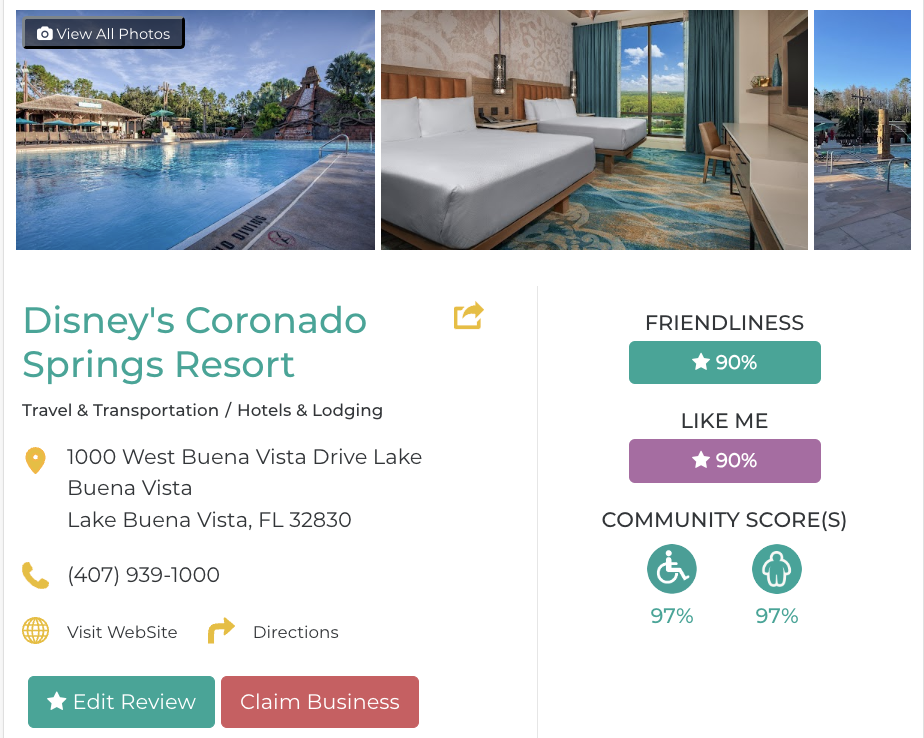 Disney's Coronado Springs Resort Lake Buena Vista Florida Restaurant San Francisco Accessibility Review Friendly Like Me App Scores Wheelchair Plus-Size Rating