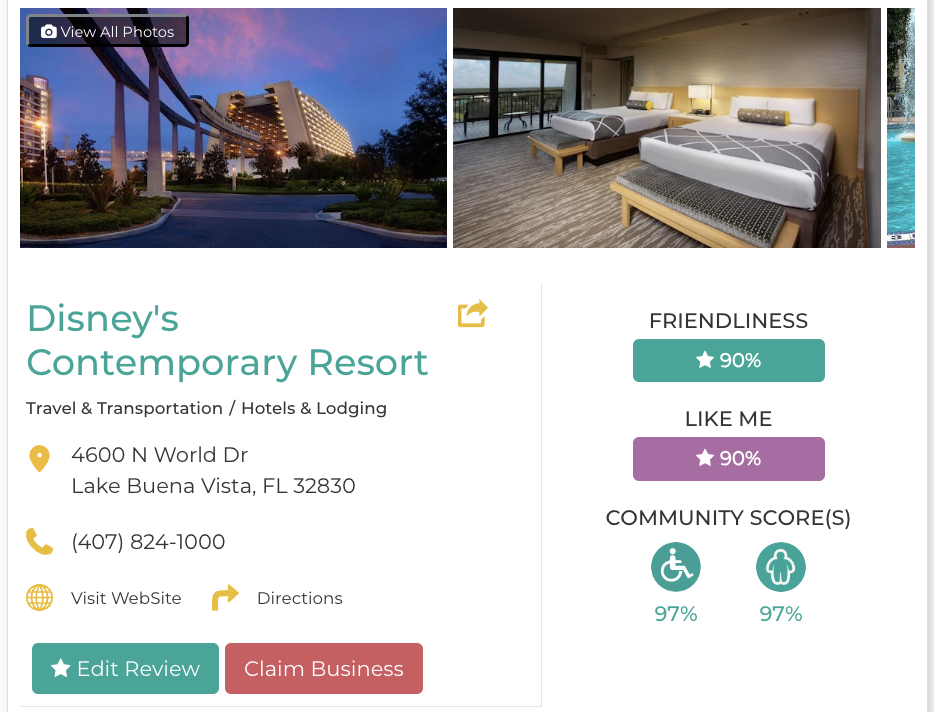 Disney's Contemporary Resort Hotel Restaurant San Francisco Accessibility Review Friendly Like Me App Scores Wheelchair Plus-Size Rating