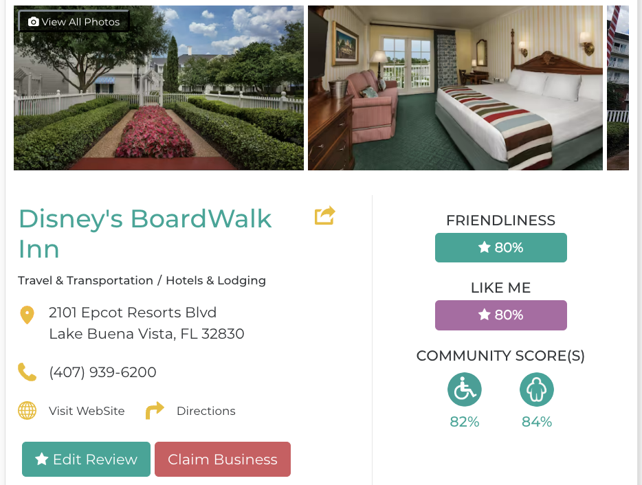 Disney’s BoardWalk Inn Hotel Restaurant San Francisco Accessibility Review Friendly Like Me App Scores Wheelchair Plus-Size Rating
