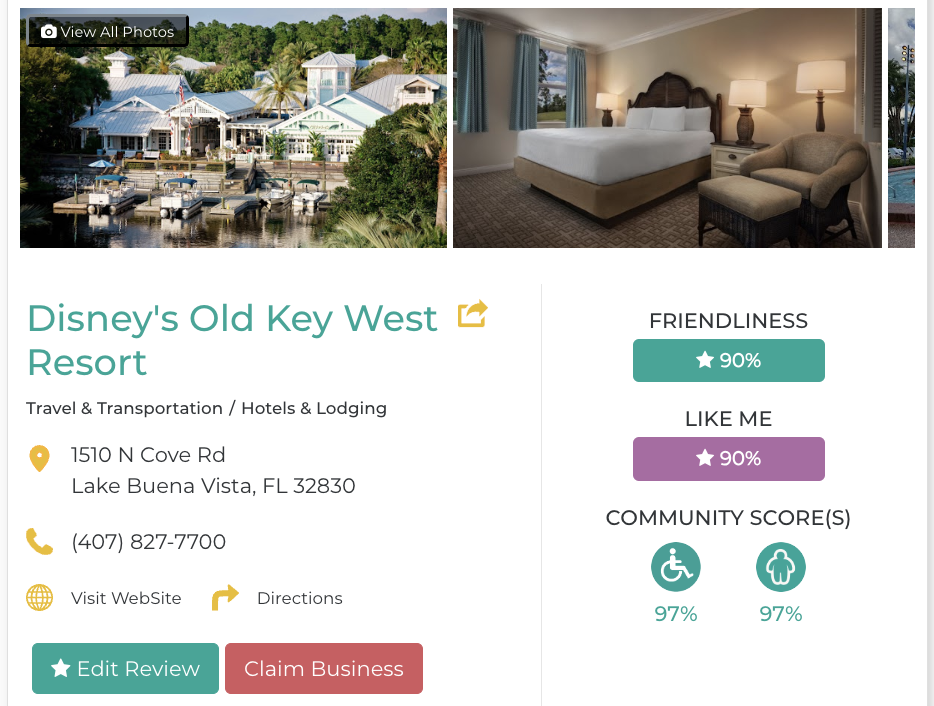 Disney’s Old Key West Resort Hotel Restaurant San Francisco Accessibility Review Friendly Like Me App Scores Wheelchair Plus-Size Rating