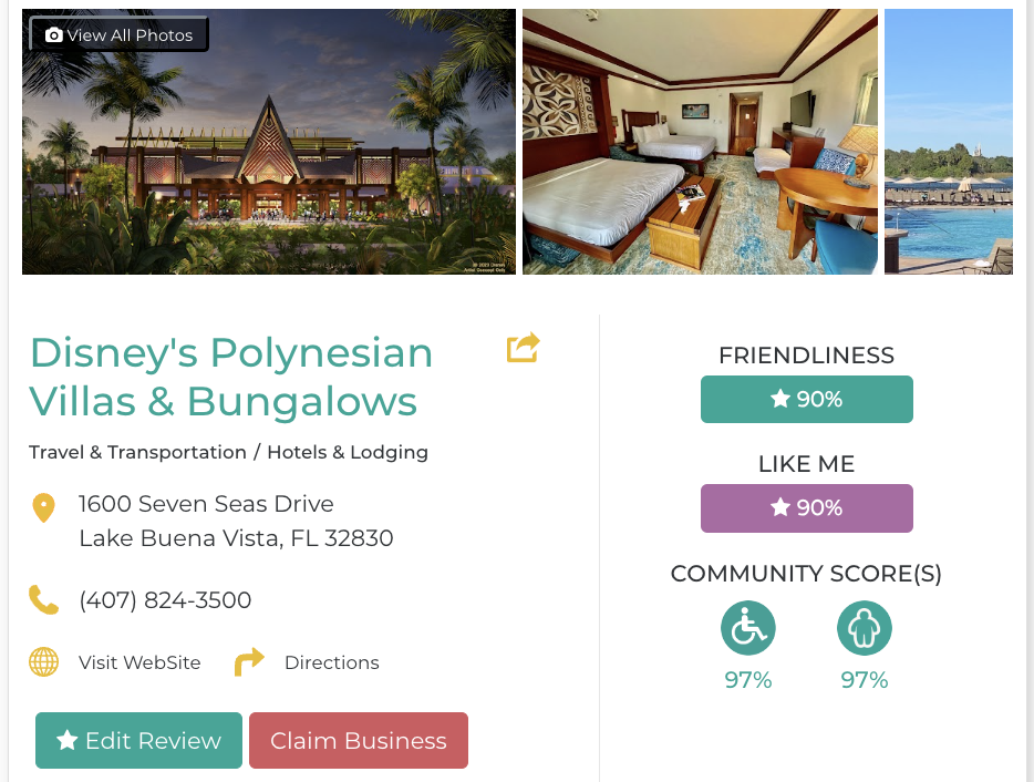 Disney’s Polynesian Villas & Bungalows Hotel Restaurant San Francisco Accessibility Review Friendly Like Me App Scores Wheelchair Plus-Size Rating