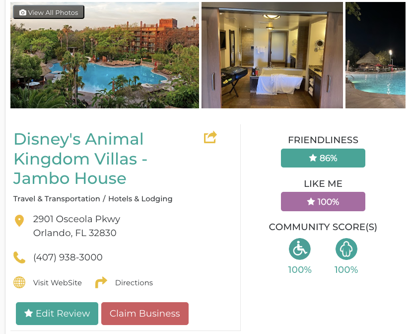 Disney’s Animal Kingdom Villas - Jambo House Hotel Restaurant San Francisco Accessibility Review Friendly Like Me App Scores Wheelchair Plus-Size Rating