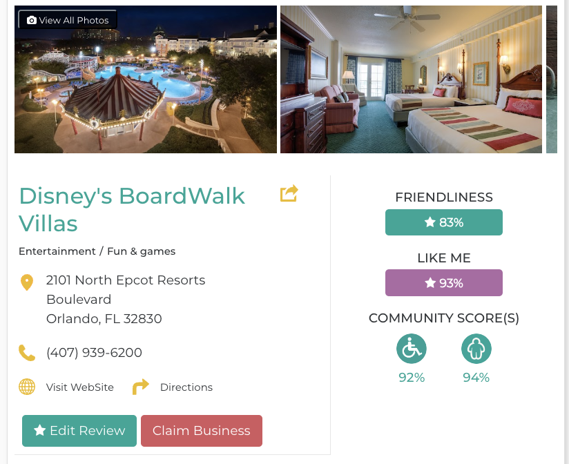 Disney’s BoardWalk Villas Hotel Resort Restaurant San Francisco Accessibility Review Friendly Like Me App Scores Wheelchair Plus-Size Rating