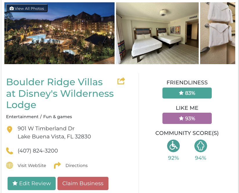 Boulder Ridge Villas at Disney's Wilderness Lodge Hotel Restaurant San Francisco Accessibility Review Friendly Like Me App Scores Wheelchair Plus-Size Rating