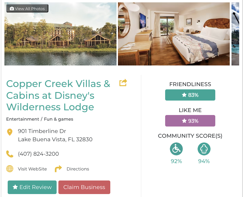 Copper Creek Villas & Cabins at Disney’s Wilderness Lodge Hotel Restaurant San Francisco Accessibility Review Friendly Like Me App Scores Wheelchair Plus-Size Rating