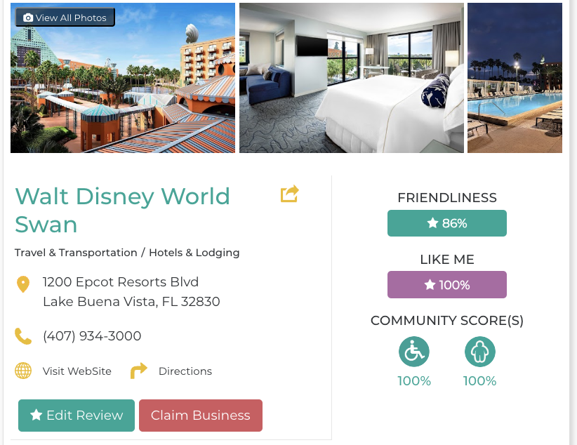 Walt Disney World Swan Hotel Restaurant San Francisco Accessibility Review Friendly Like Me App Scores Wheelchair Plus-Size Rating