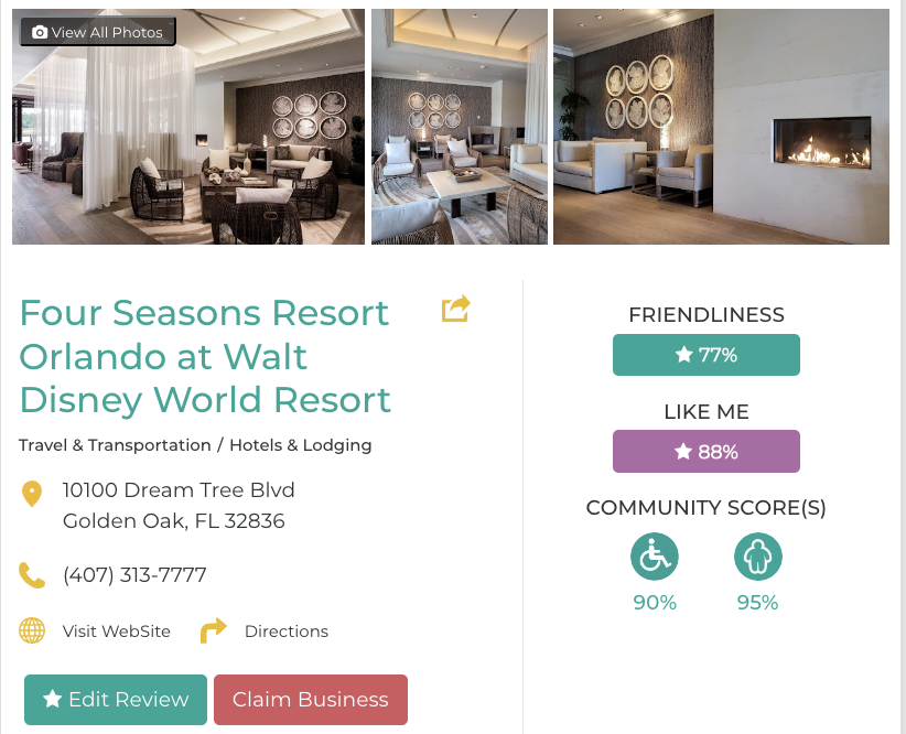Four Seasons Resort Orlando at Walt Disney World Resort Hotel Restaurant San Francisco Accessibility Review Friendly Like Me App Scores Wheelchair Plus-Size Rating