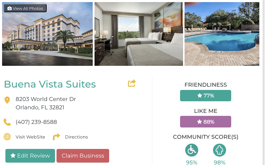 Buena Vista Suites Hotel Orlando Restaurant San Francisco Accessibility Review Friendly Like Me App Scores Wheelchair Plus-Size Rating