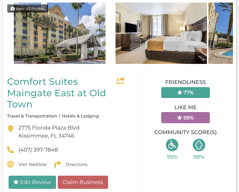 Comfort Suites Maingate East Hotel Restaurant San Francisco Accessibility Review Friendly Like Me App Scores Wheelchair Plus-Size Rating