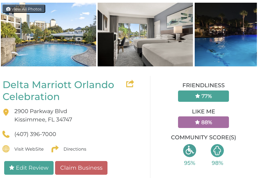 Delta Marriott Orlando Celebration Hotel Restaurant San Francisco Accessibility Review Friendly Like Me App Scores Wheelchair Plus-Size Rating