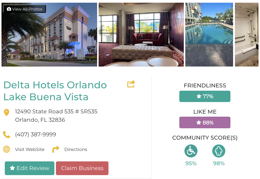 Delta Hotels Orlando Lake Buena Vista Hotel Restaurant San Francisco Accessibility Review Friendly Like Me App Scores Wheelchair Plus-Size Rating