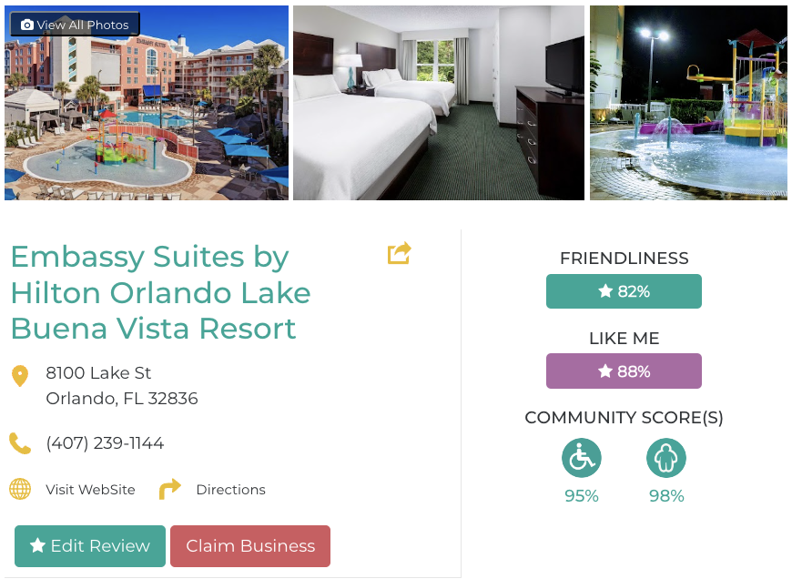 Embassy Suites Orlando - Lake Buena Vista Resort Hotel Restaurant San Francisco Accessibility Review Friendly Like Me App Scores Wheelchair Plus-Size Rating