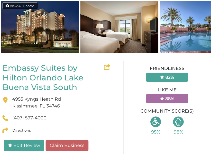 Embassy Suites by Hilton Orlando - Lake Buena Vista South Hotel Restaurant San Francisco Accessibility Review Friendly Like Me App Scores Wheelchair Plus-Size Rating