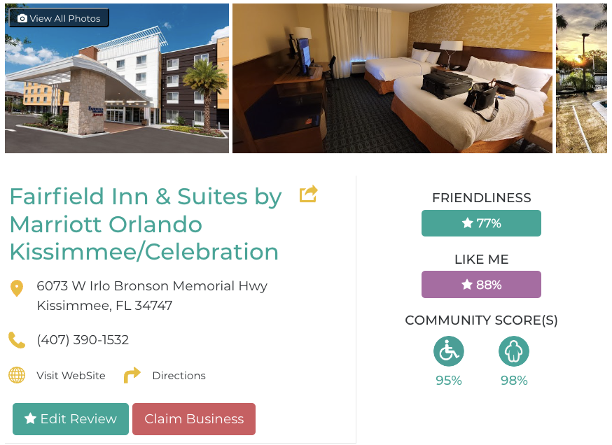 Fairfield Inn & Suites by Marriott Orlando Kissimmee/Celebration Hotel Restaurant San Francisco Accessibility Review Friendly Like Me App Scores Wheelchair Plus-Size Rating