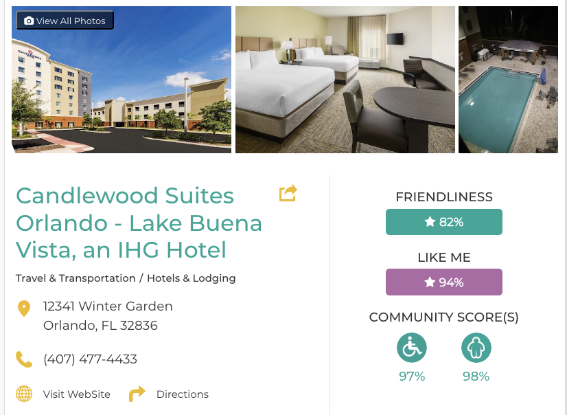 Candlewood Suites Orlando Lake Buena Vista Hotel Restaurant San Francisco Accessibility Review Friendly Like Me App Scores Wheelchair Plus-Size Rating