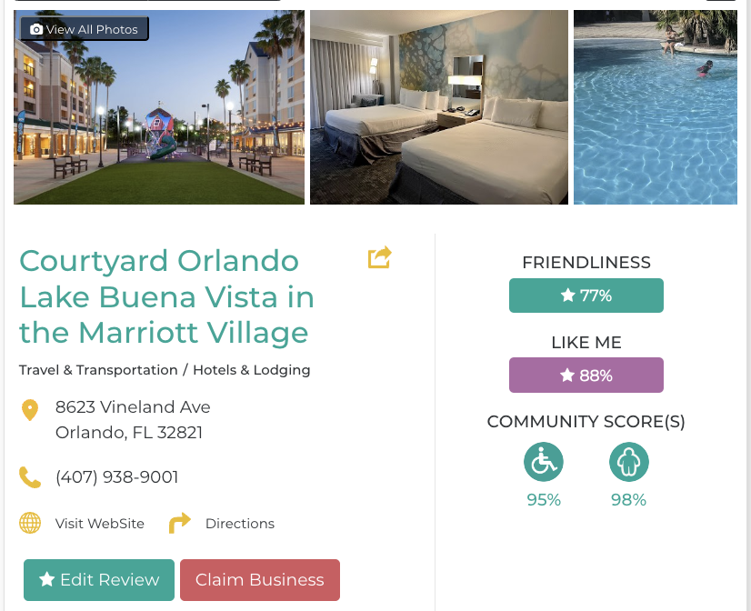 Courtland Orlando Lake Buena Vista in the Marriott Village Hotel Restaurant San Francisco Accessibility Review Friendly Like Me App Scores Wheelchair Plus-Size Rating
