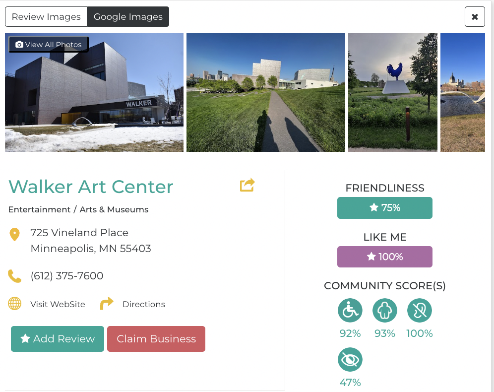 Walker Art Center Museum Friendly Like Me accessibility review containing scores for mobility, weight, deaf, hard of hearing, blind, and low vision communities.