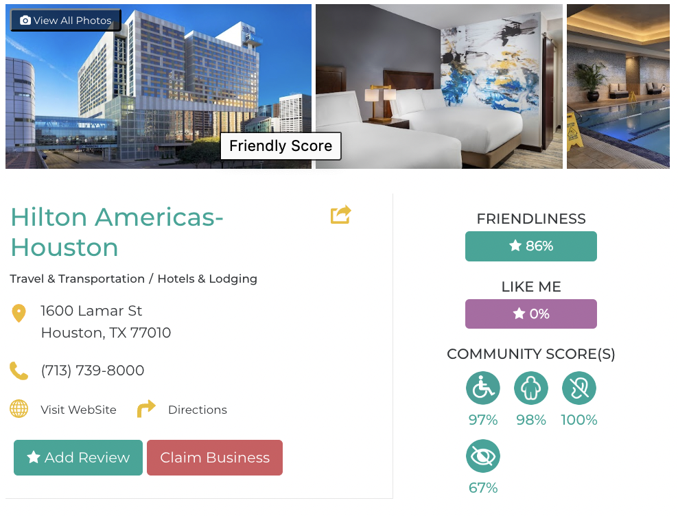 Hilton Americas Houston Friendly Like Me accessibility review containing scores for mobility, weight, deaf, hard of hearing, blind, and low vision communities.