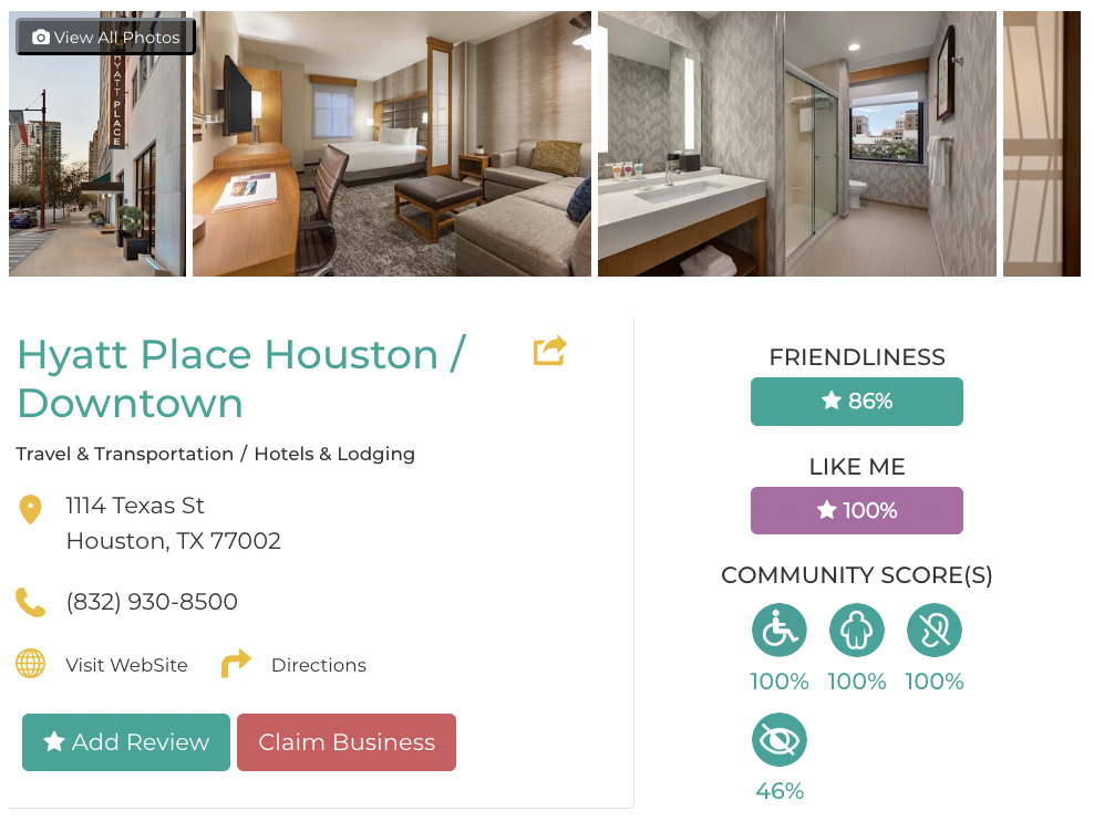 Hyatt Place Houston Downtown Friendly Like Me accessibility review containing scores for mobility, weight, deaf, hard of hearing, blind, and low vision communities.