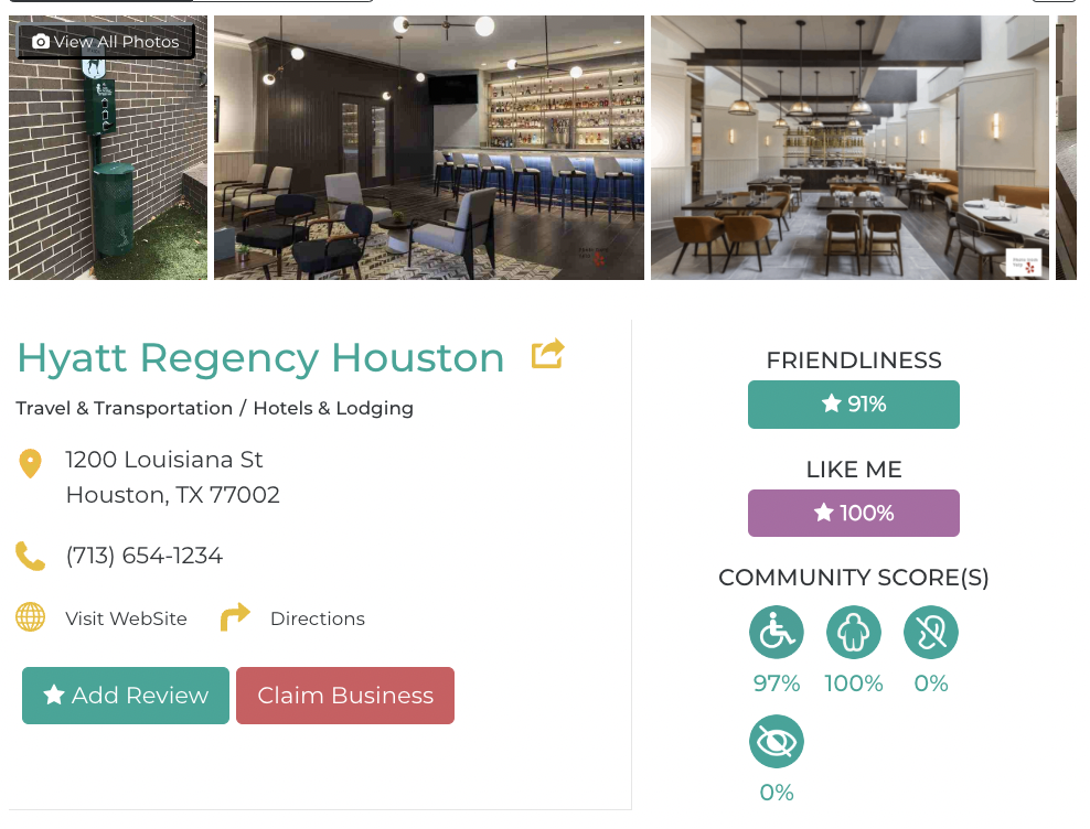 Hyatt Regency Houston Friendly Like Me accessibility review containing scores for mobility, weight, deaf, hard of hearing, blind, and low vision communities.