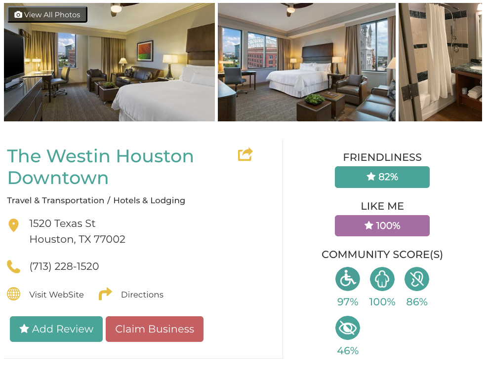 The Westin Houston Downtown Friendly Like Me accessibility review containing scores for mobility, weight, deaf, hard of hearing, blind, and low vision communities.