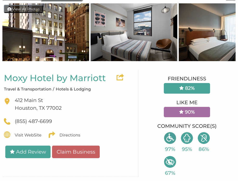 Moxy Hotel by Marriott Friendly Like Me accessibility review containing scores for mobility, weight, deaf, hard of hearing, blind, and low vision communities.
