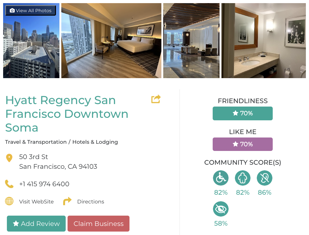 Hyatt Regency San Francisco Downtown SOMA accessibility review containing scores for mobility, weight, deaf, hard of hearing, blind, and low vision communities.