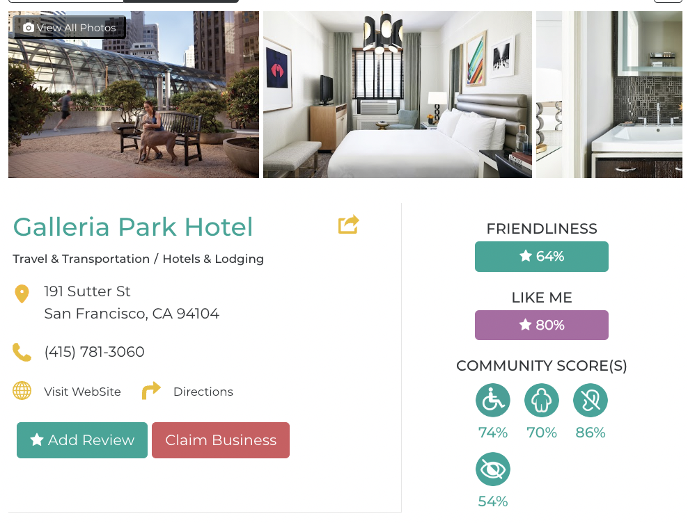 Galleria Park Hotel accessibility review containing scores for mobility, weight, deaf, hard of hearing, blind, and low vision communities.  Friendly Like Me review scores. Friendly Like Me review scores